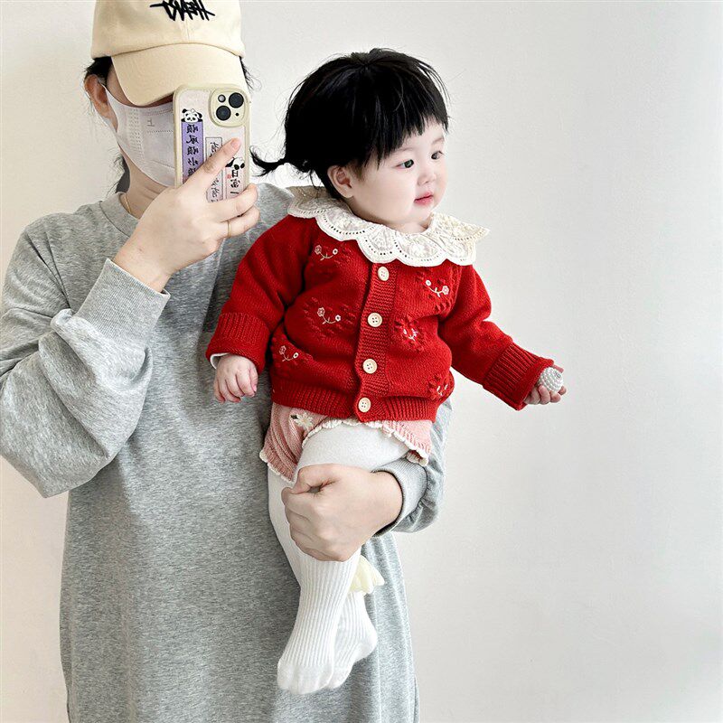婴儿衣服女宝宝针织绣花毛衣外套小童春秋长袖棉纱线复古上衣开衫