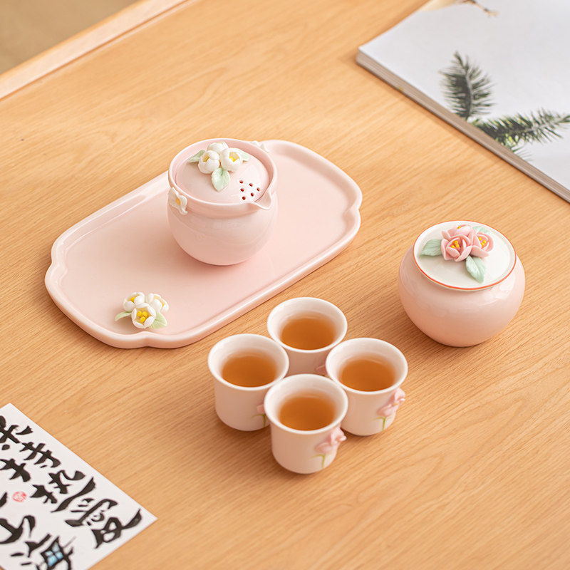 粉色捏花旅行茶具小套装户外旅游出差功夫茶杯便携收纳陶瓷伴手礼
