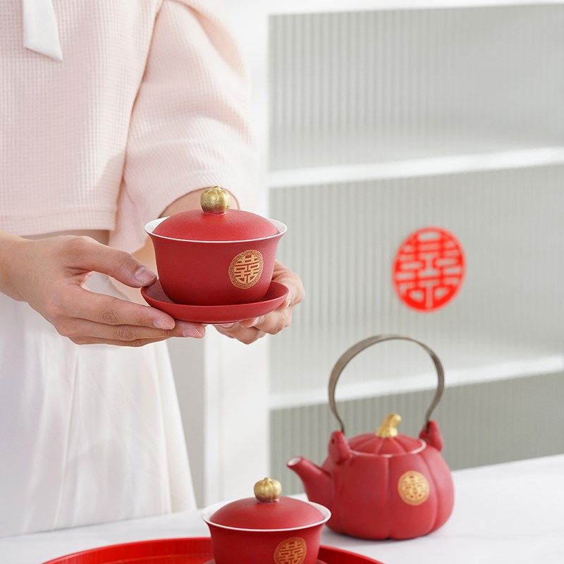 结婚敬茶杯茶壶套装两对送新人陪嫁改口敬酒杯子陶瓷婚庆用品大全