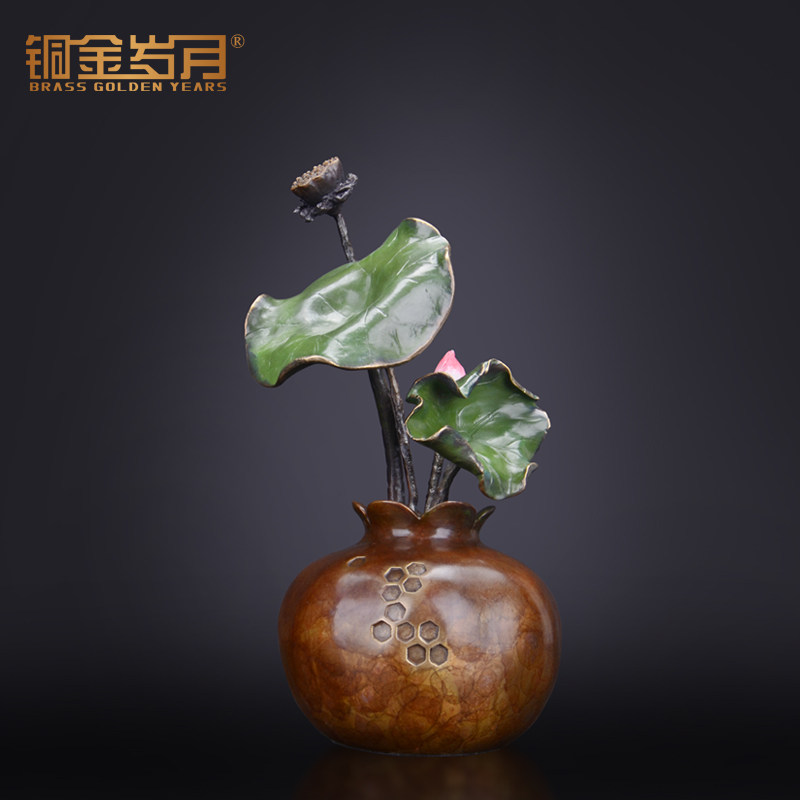 铜金岁月黄铜荷花花艺摆件创意新中式软装家居饰品铜工艺品