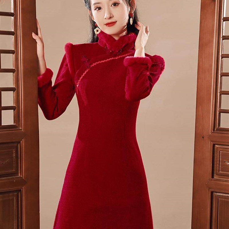红色女加绒过年冬季秋冬旗袍敬酒短款服小个子加厚小袄改良连衣裙