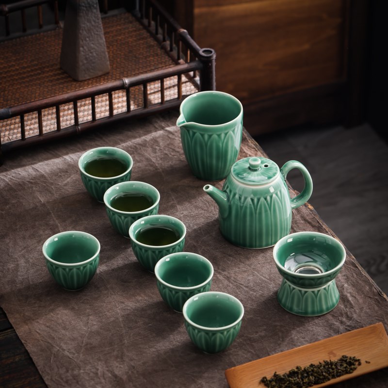 青瓷茶具茶壶茶杯套装陶瓷影雕中式家用简约客厅品茗泡茶礼品盒装