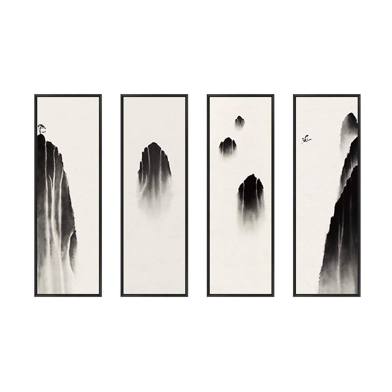新中式抽象极简装饰画意境山水画客厅四联画禅意挂画水墨画四条屏