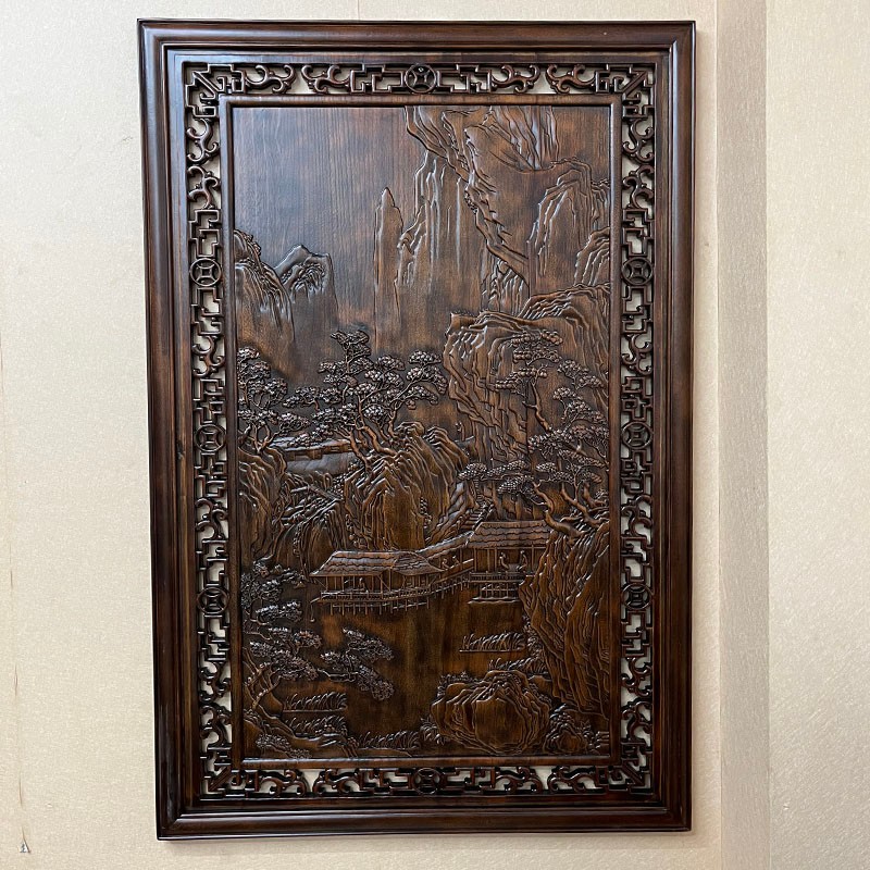 东阳木雕挂件山水中式玄关竖屏实木装饰画工艺品客厅浮雕复古壁挂