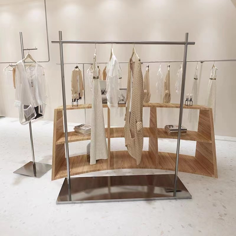 服装店展示架带板落地式挂衣服架子不锈钢拉丝女装中岛架陈列货架