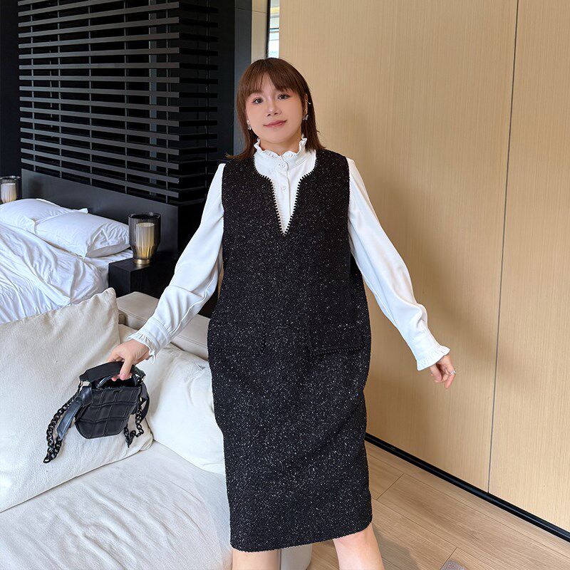 亮丝香风背心裙大码女装2024年冬季新款胖妹妹mm无袖闪闪连衣裙