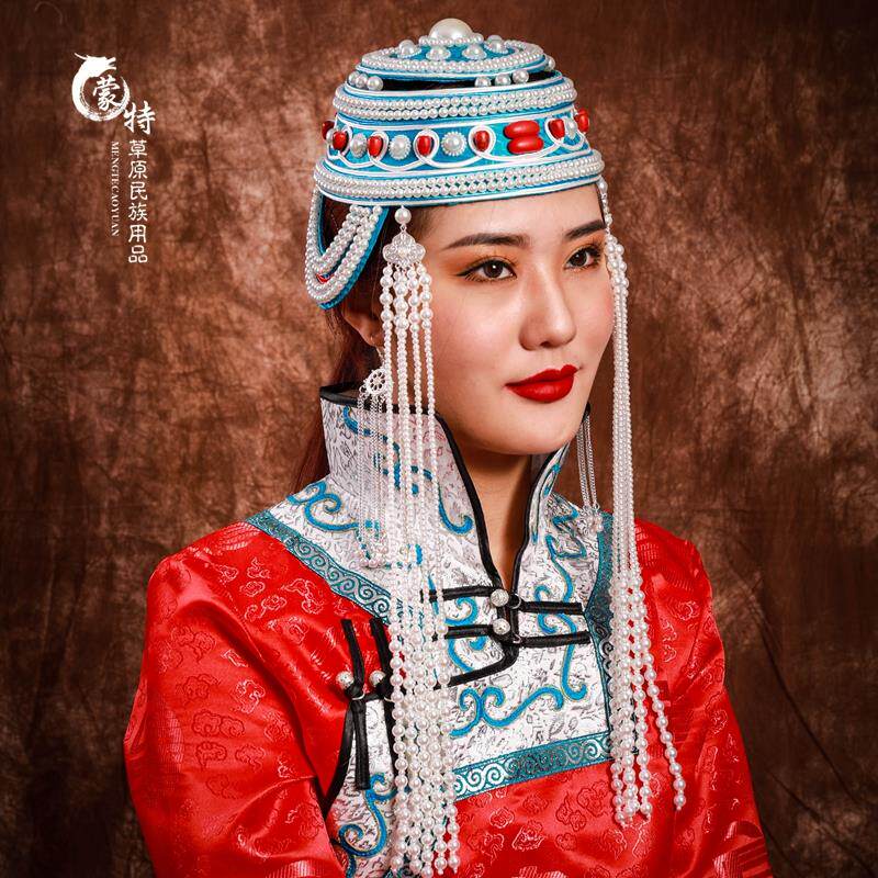 蒙古族舞蹈头饰帽子 蒙古女帽白色串珠款表演服装配饰