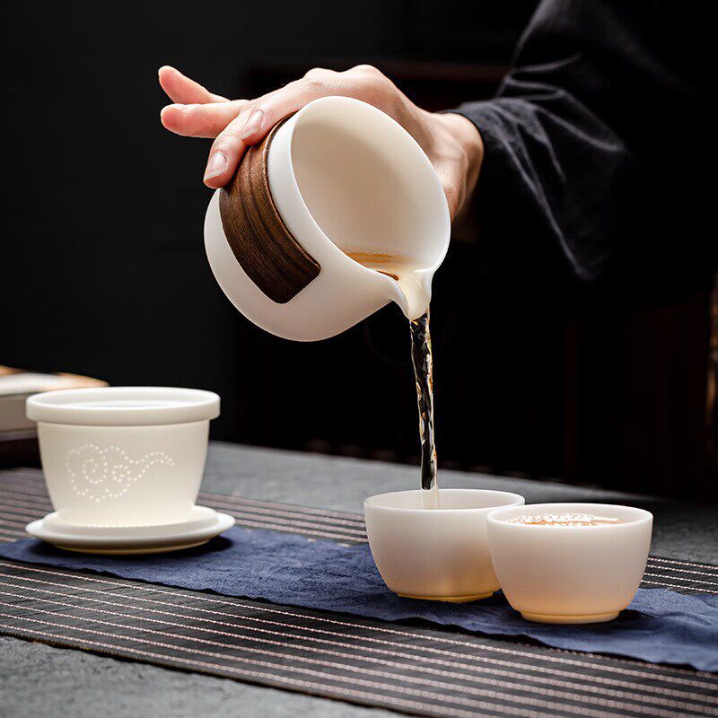 羊脂玉白瓷旅行茶具套装随行快客杯便携式一壶二杯户外防烫泡茶壶