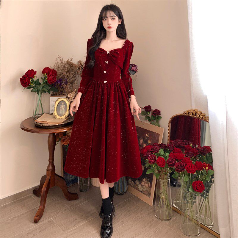 大码秋冬新款结婚订婚圣诞酒红色晚礼服女高级感新娘服法式连衣裙