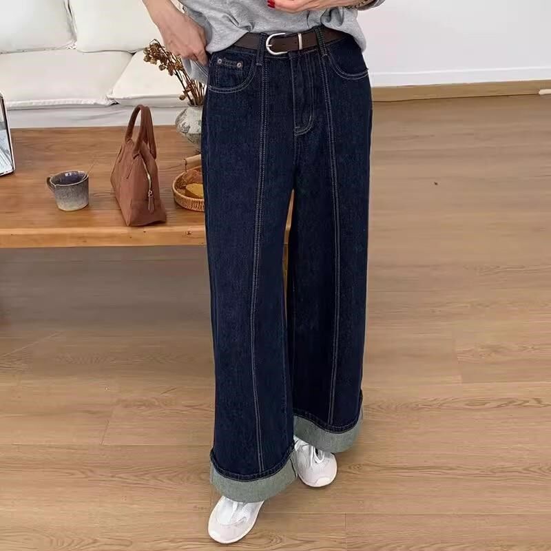 大码女装胖mm卷边直筒牛仔裤女设计感梨形身材显瘦遮胯阔腿九分裤