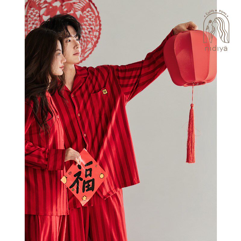 妮狄娅婚庆睡衣秋季女柔软棉长袖男开衫红色本命年春秋家居服套装