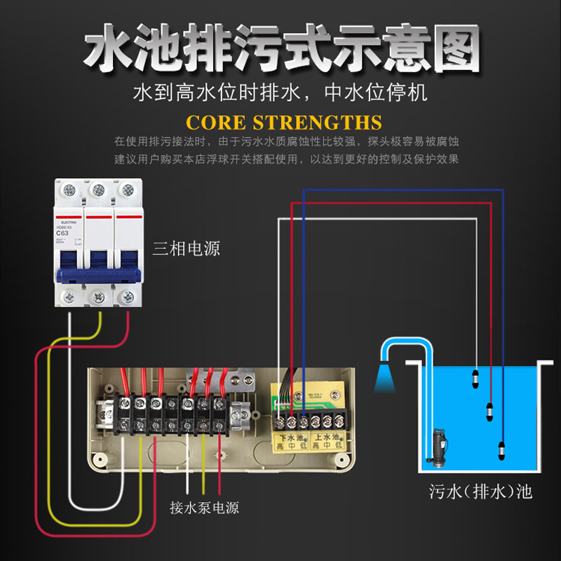 三相水泵智能水位控制器全自动传感器380V水塔上水浮球液位开关