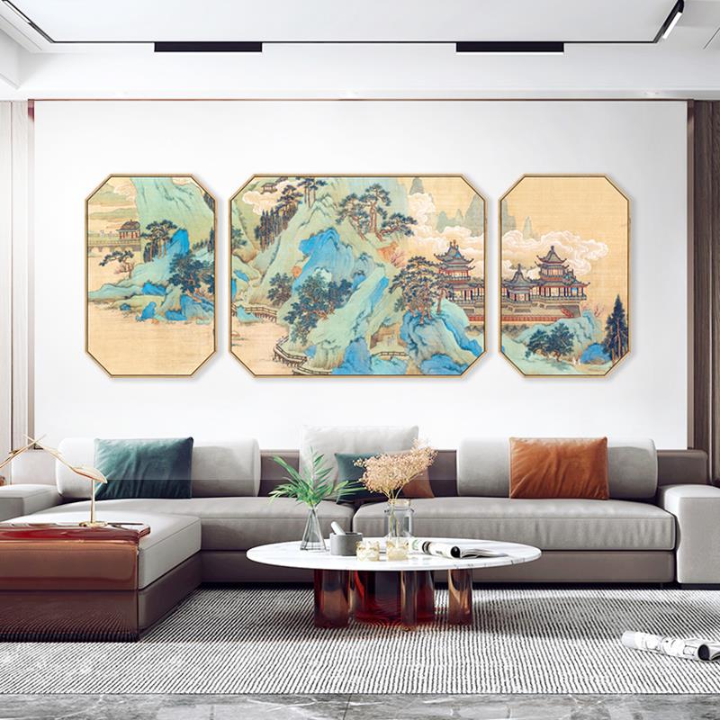 水墨宣言中国风山水挂画新中式客厅背景墙三联挂画湖山春晓图国画