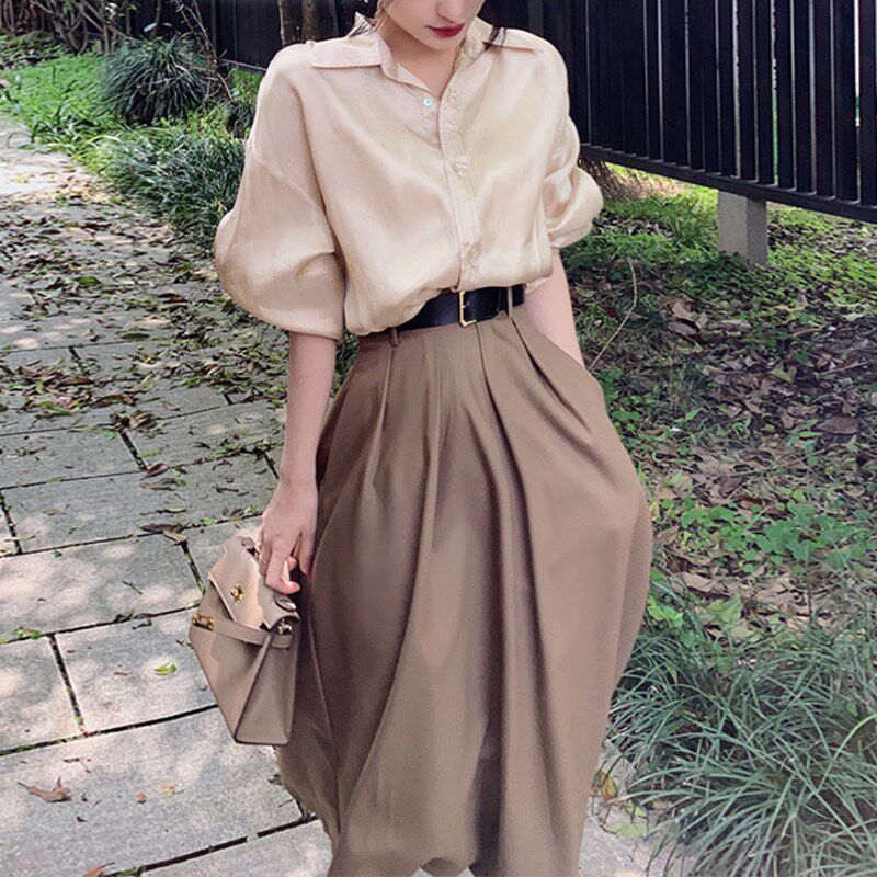 140-160小个子女装2022秋新款轻奢法式衬衫衬衣+半身裙百褶裙套装