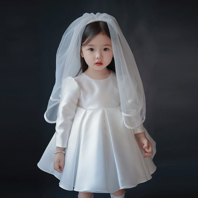 女童高端钢琴走秀生日礼服白色长袖小女孩周岁公主裙简约可爱花童