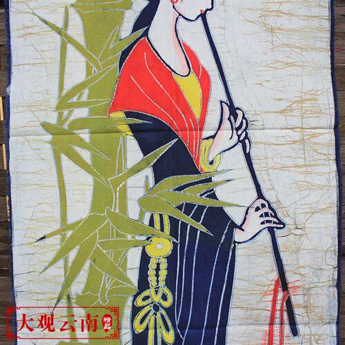 蜡染装饰画玉人布画云南手工竖挂画客厅茶馆壁画古典中国风背景画