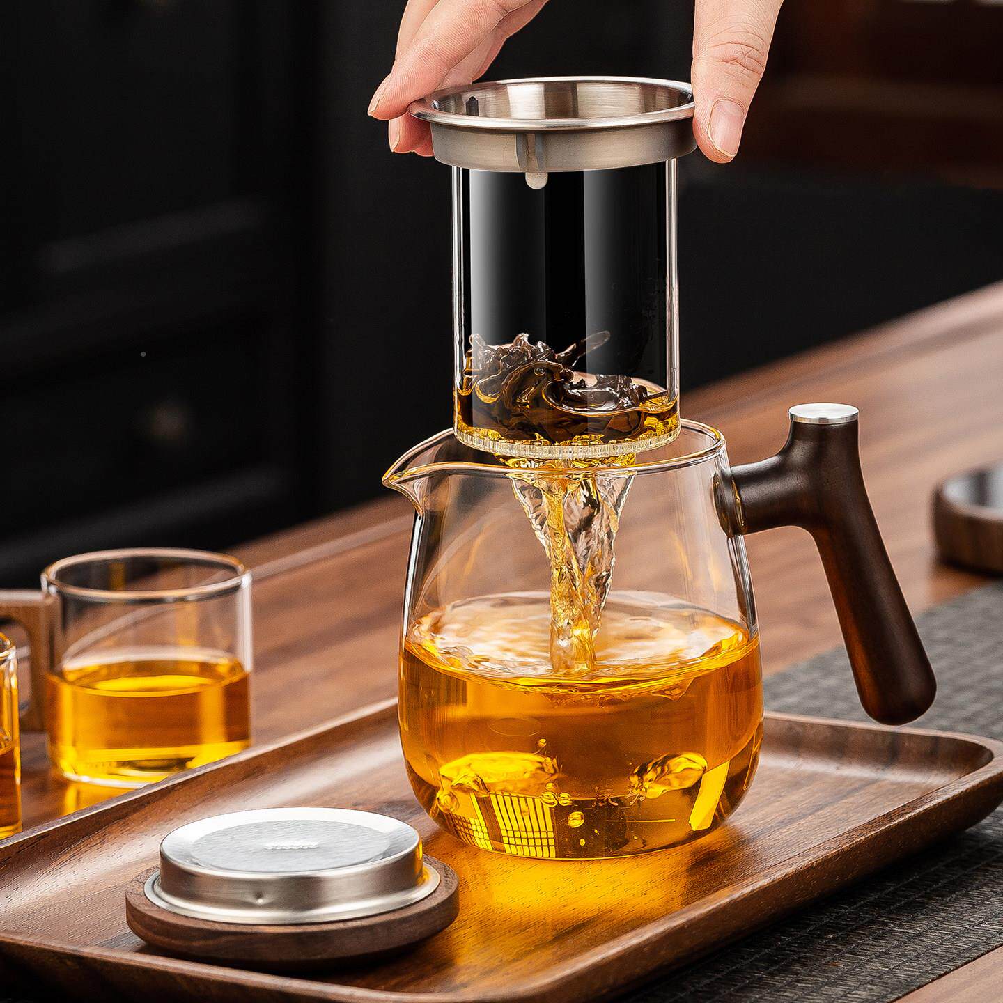 胡桃木把泡茶杯茶水分离三件杯加滤厚玻璃过侧花茶红茶冲茶S550壶