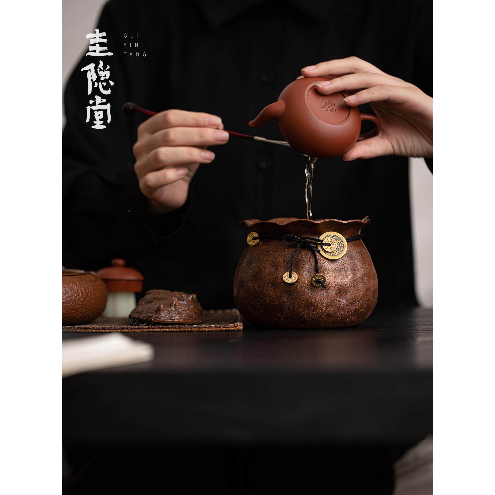 圭隐堂手工纯铜建水中式招财纳财袋紫高档缸家用盂茶水渣桶茶渣花