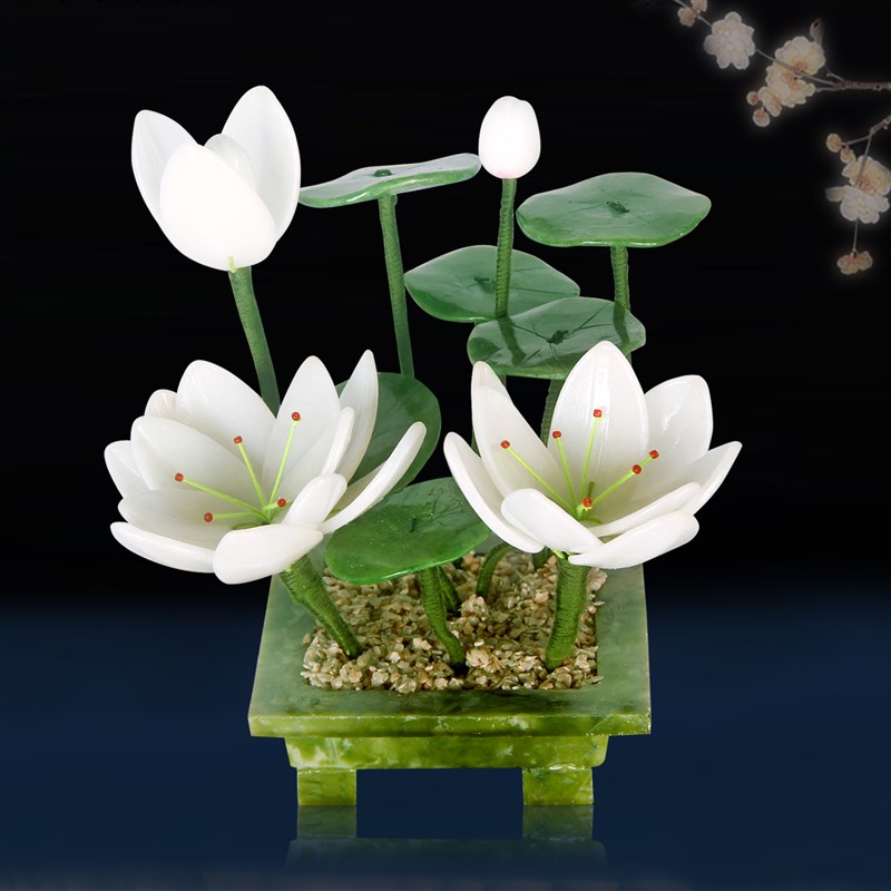 玉石雕刻荷花禅意莲花玄关酒柜博古架装饰品玉器盆景盆栽摆件