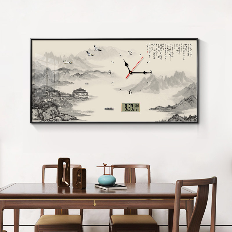 新中式餐厅墙面装饰画带钟表挂画客厅万年历电子钟挂墙山水画旺财
