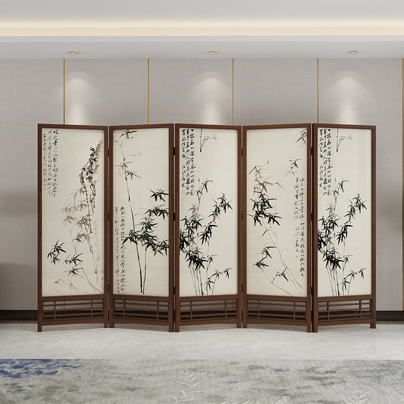 新中式移动折叠屏风隔断酒店办公室古风实木镂空国画郑板桥竹子图
