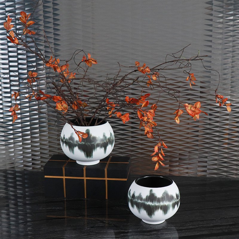 新中式水墨画陶瓷磨砂花瓶样板间客厅玄关中国风大口花钵花器摆件