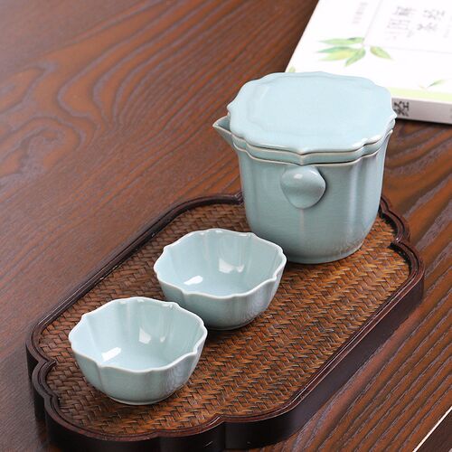 汝窑快客杯一壶两杯旅行茶具套装户外露营泡茶便携式功夫 茶具全
