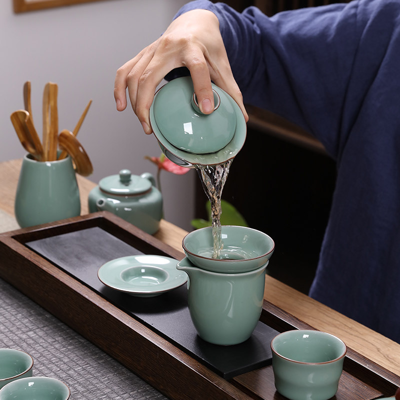 凌胜青瓷功夫茶具套装家用陶瓷家用简约泡茶杯茶壶客厅盖碗官窑