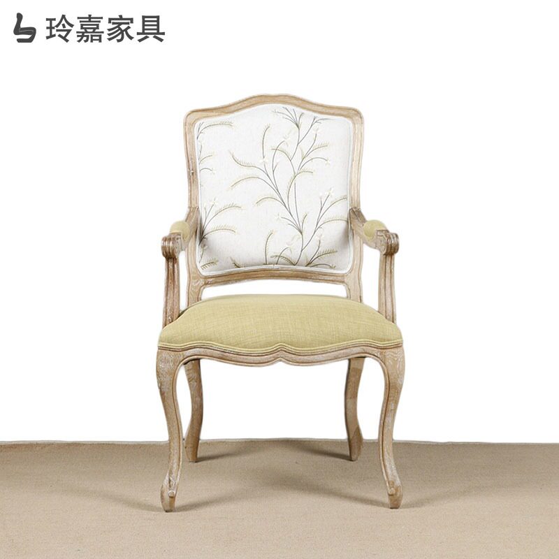 美式乡村实木书房椅 花鸟布艺餐椅扶手方背电脑椅子 化妆休闲椅