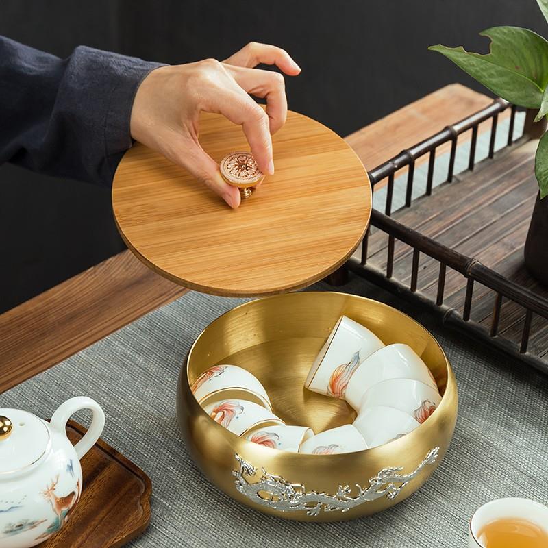 纯铜茶洗大号家用茶洗杯碗日式禅意办公水盂茶渣缸茶道茶具配件茶