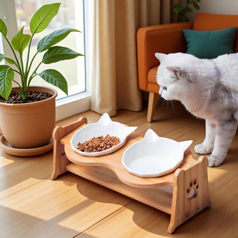 猫碗猫粮碗陶瓷双碗防打翻猫食盆保护颈椎斜口大容量狗碗喵咪用品