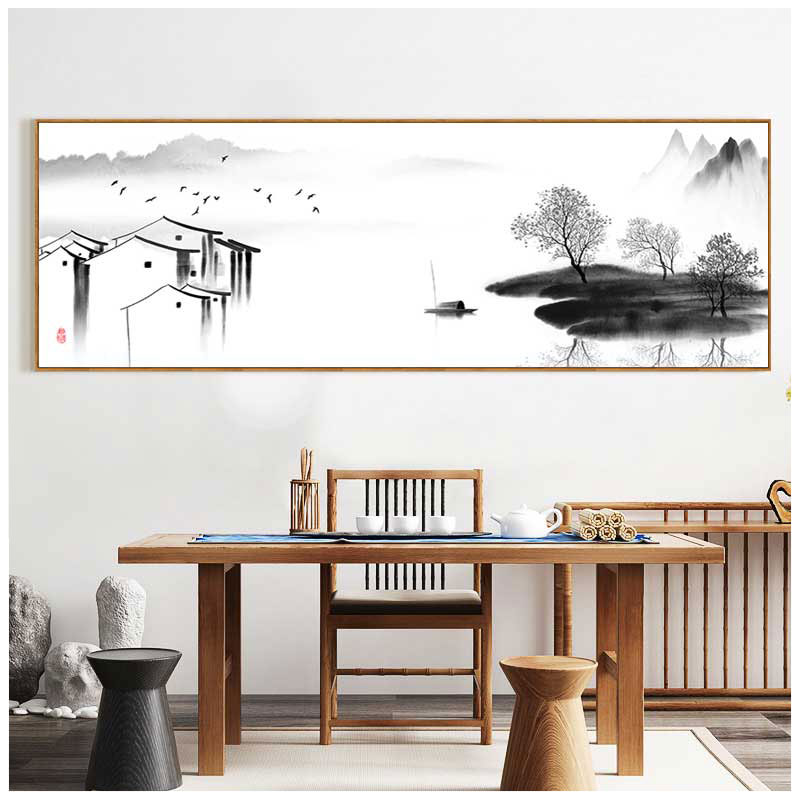 江南禅意山水装饰画客厅背景墙茶室壁画新中式酒店民宿茶艺挂画