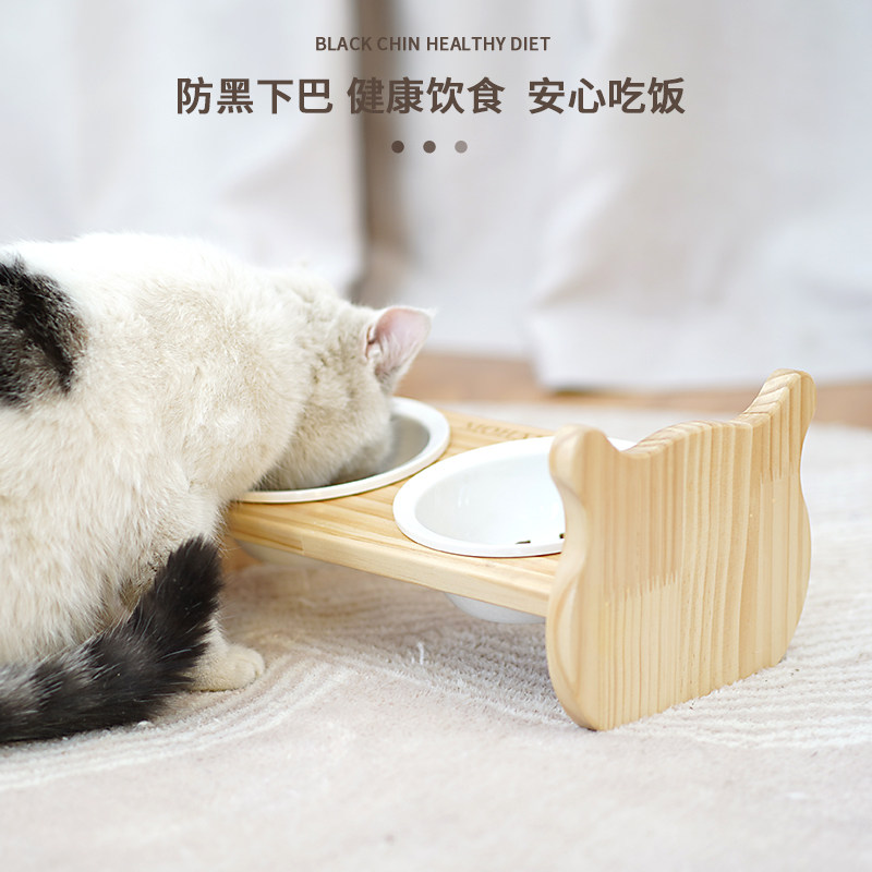 猫碗陶瓷双碗猫食盆斜面护颈狗碗水碗实木碗架餐桌喝水碗猫咪用品