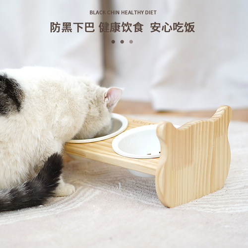 猫碗陶瓷双碗猫食盆斜面护颈狗碗水碗实木碗架餐桌喝水碗猫咪用品