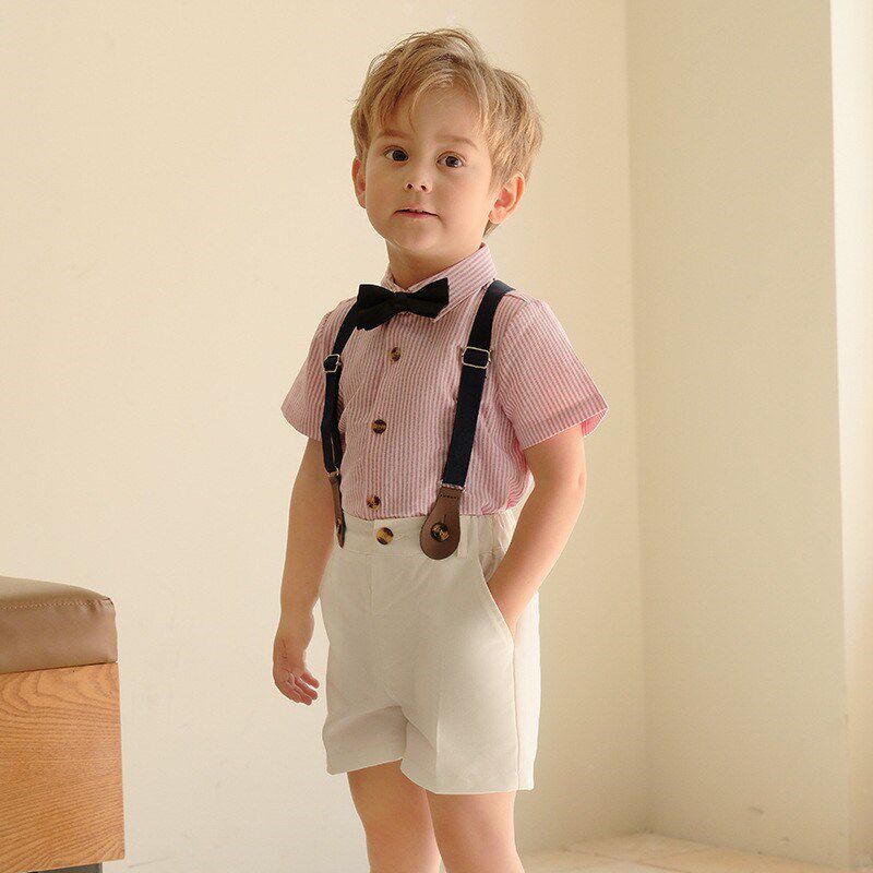男孩小主持人服装夏季儿童背带裤套装夏男宝西服幼儿园毕业礼服夏