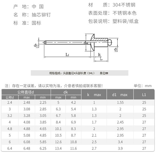 M3.2M4M5M6.4 铆钉304不锈钢抽芯铆钉圆头拉钉卯钉抽芯装潢拉铆钉