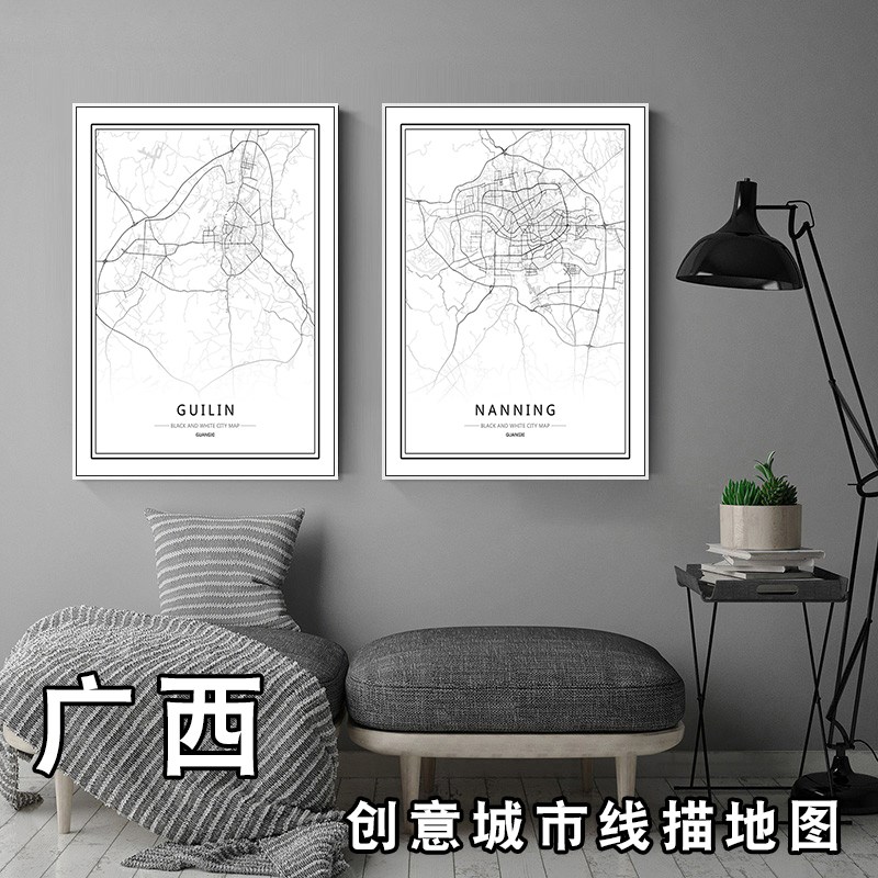 广西创意城市线描地图装饰画南宁艺术抽象挂画简约个性黑白背景墙