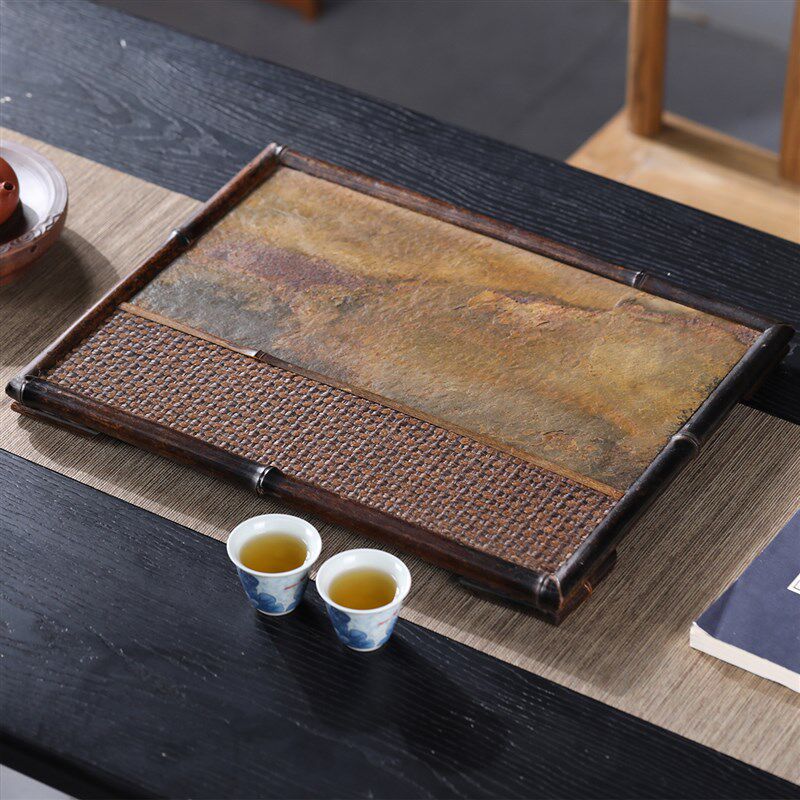 天然岩石茶盘紫竹石材茶台手工竹编干泡盘茶台壶承茶托茶具收纳盘