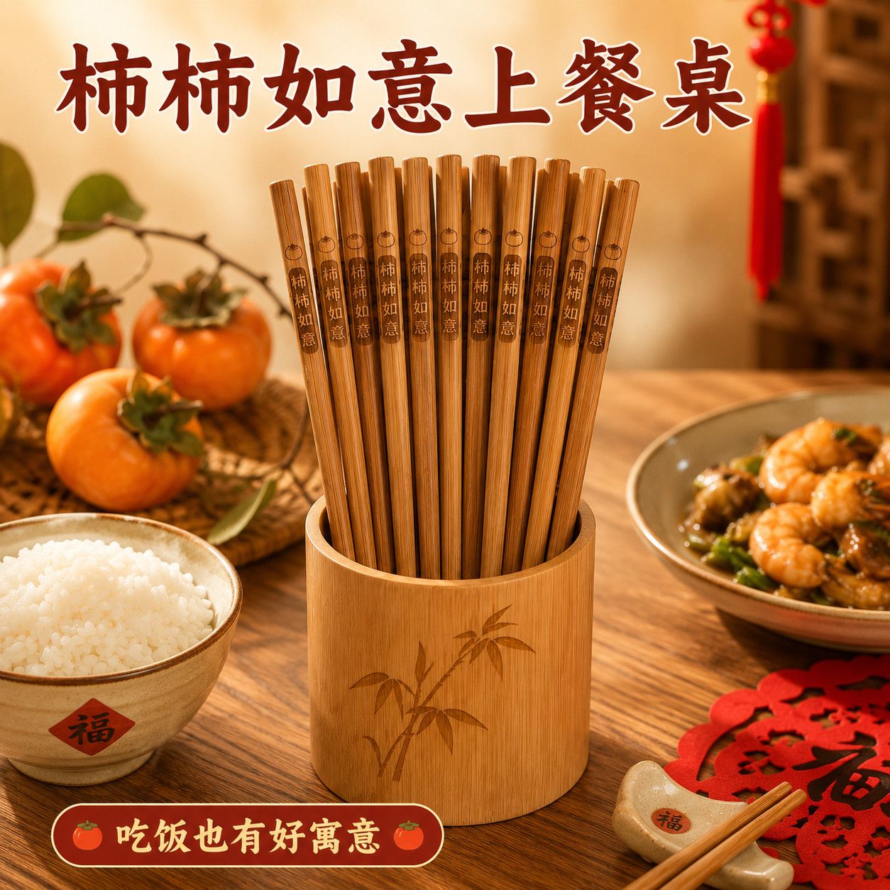 柿柿如意刻字碳化楠竹筷子家用无漆无蜡防霉防滑高档秦岭楠竹筷