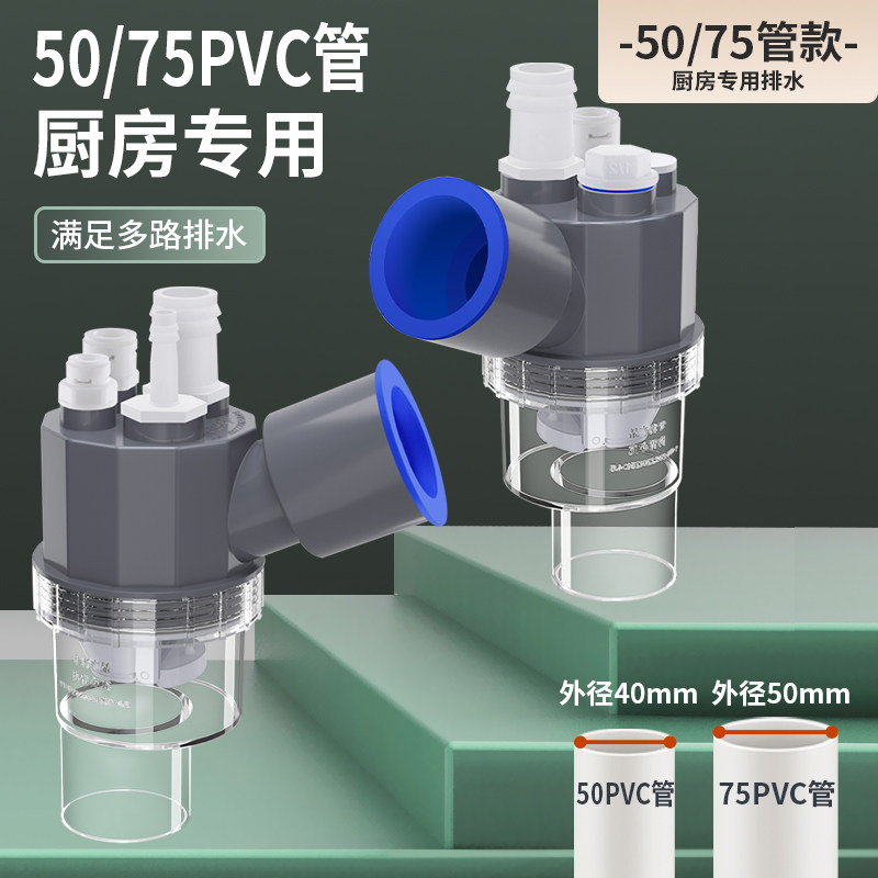 pvc75防臭下水管神器厨房洗菜盆配件净水器洗衣机三通接头止回阀