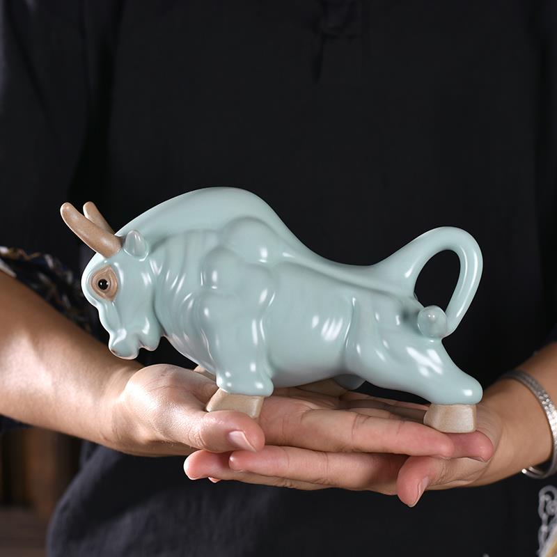 隐茶缘汝窑可养开片陶瓷茶宠牛气冲天功夫茶具精品茶宠摆件礼盒装