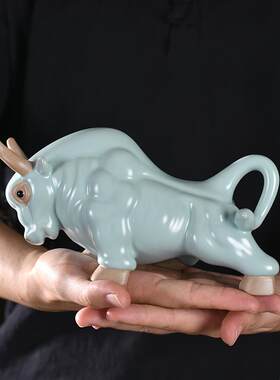 隐茶缘汝窑可养开片陶瓷茶宠牛气冲天功夫茶具精品茶宠摆件礼盒装