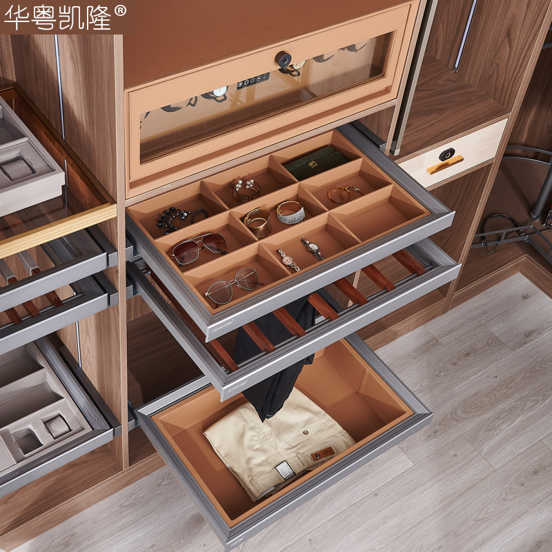 高档皮革柜内首饰盒抽屉式伸缩裤架家用衣帽间内置收纳藤篮裤抽