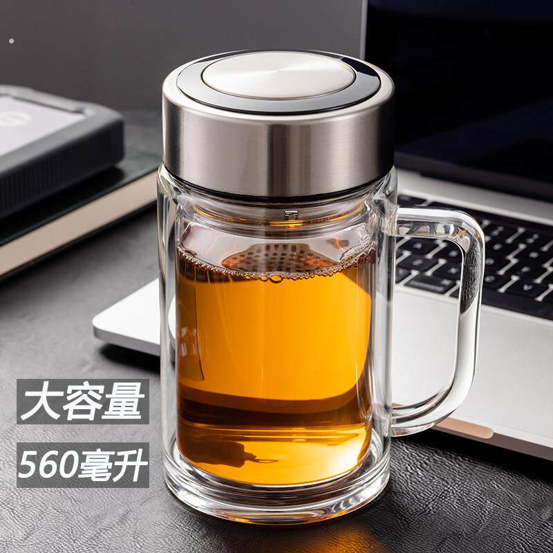 大容量双层玻璃杯带把手带盖耐高温水杯带滤网泡茶杯男女办公杯