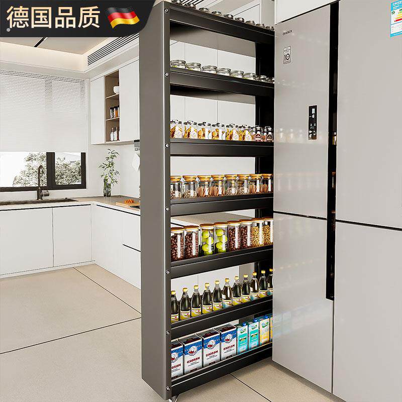 德国厨房夹缝置物架冰箱侧边门后极窄缝隙超薄抽拉小推车收纳柜子