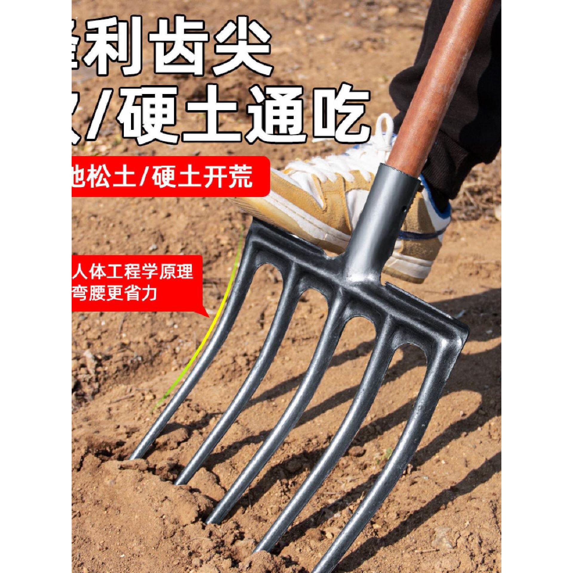 农用翻地松土神器翻土钢叉挖红薯叉子四齿五挖铲地农具工具大全