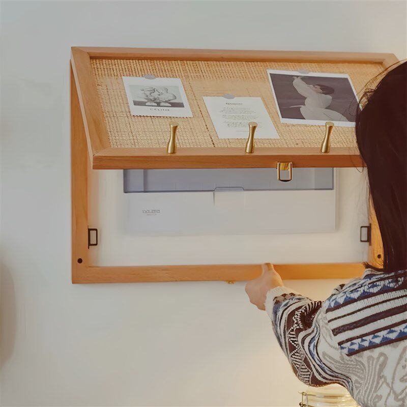 实木藤编电表箱遮挡装饰画带挂钩樱桃木弱电箱遮丑置物架