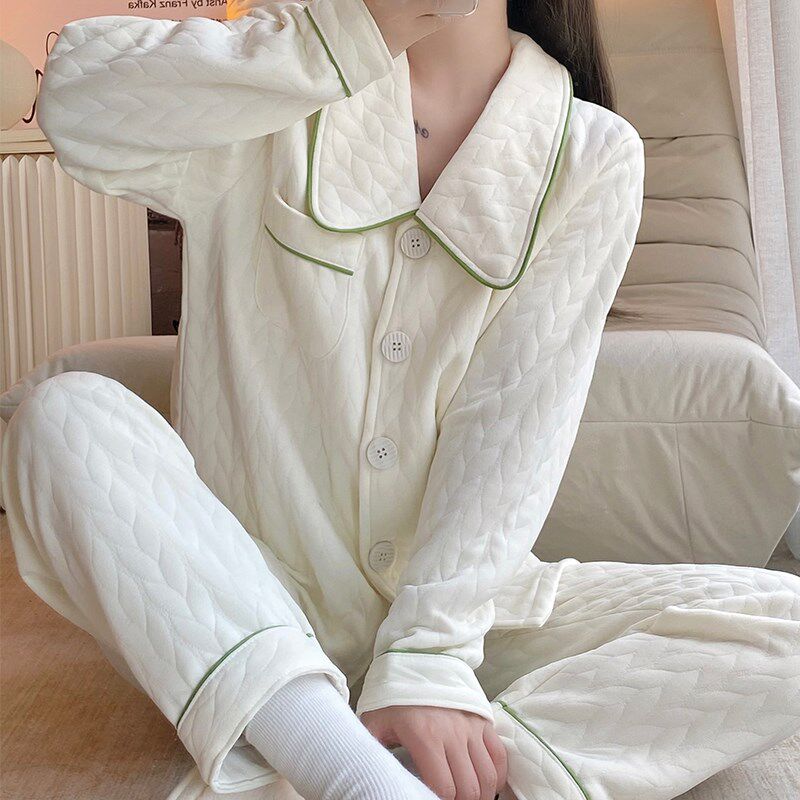 睡衣女春秋冬季长袖纯棉网红可爱加厚保暖夹层家居服两件套装麦穗
