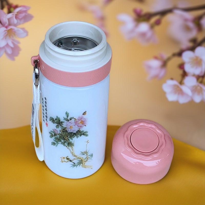 一键开盖泡茶杯男女生茶水分离玉瓷水杯高颜值按压式开盖带提绳杯