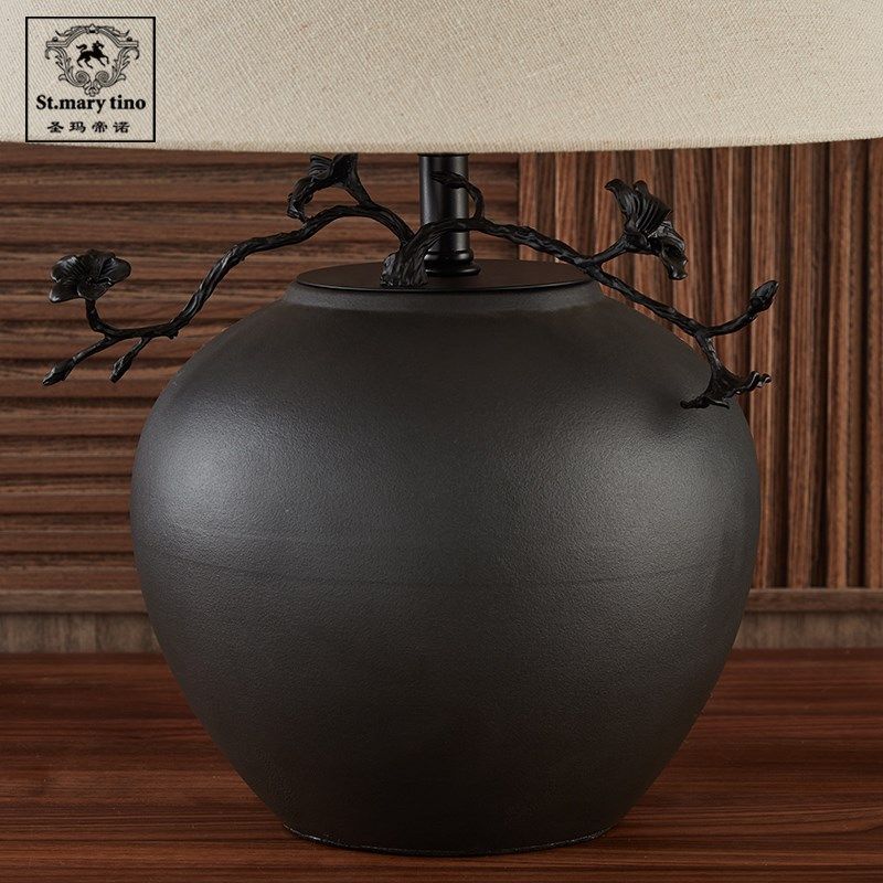 圣玛美式铁树开花中古风侘寂日式中式卧室床头台灯茶室陶瓷灯